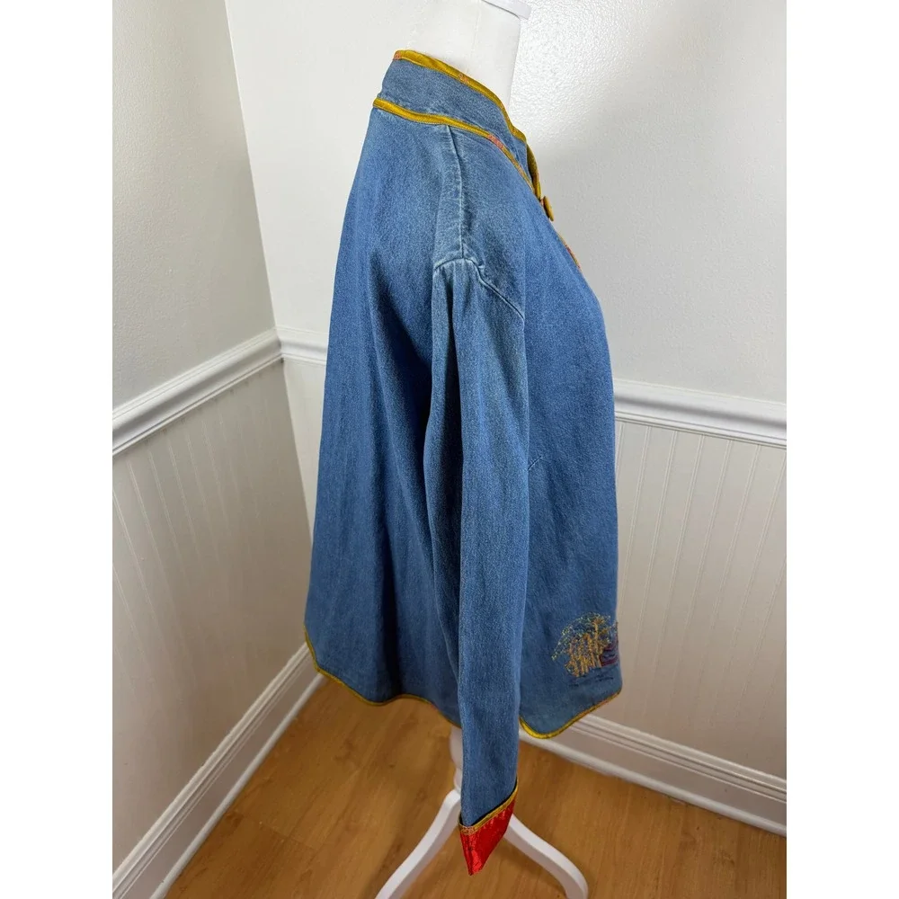 Hearts of Palm Vintage Denim‎ Mandarin Collar Jacket Embroidered Women Size 18
